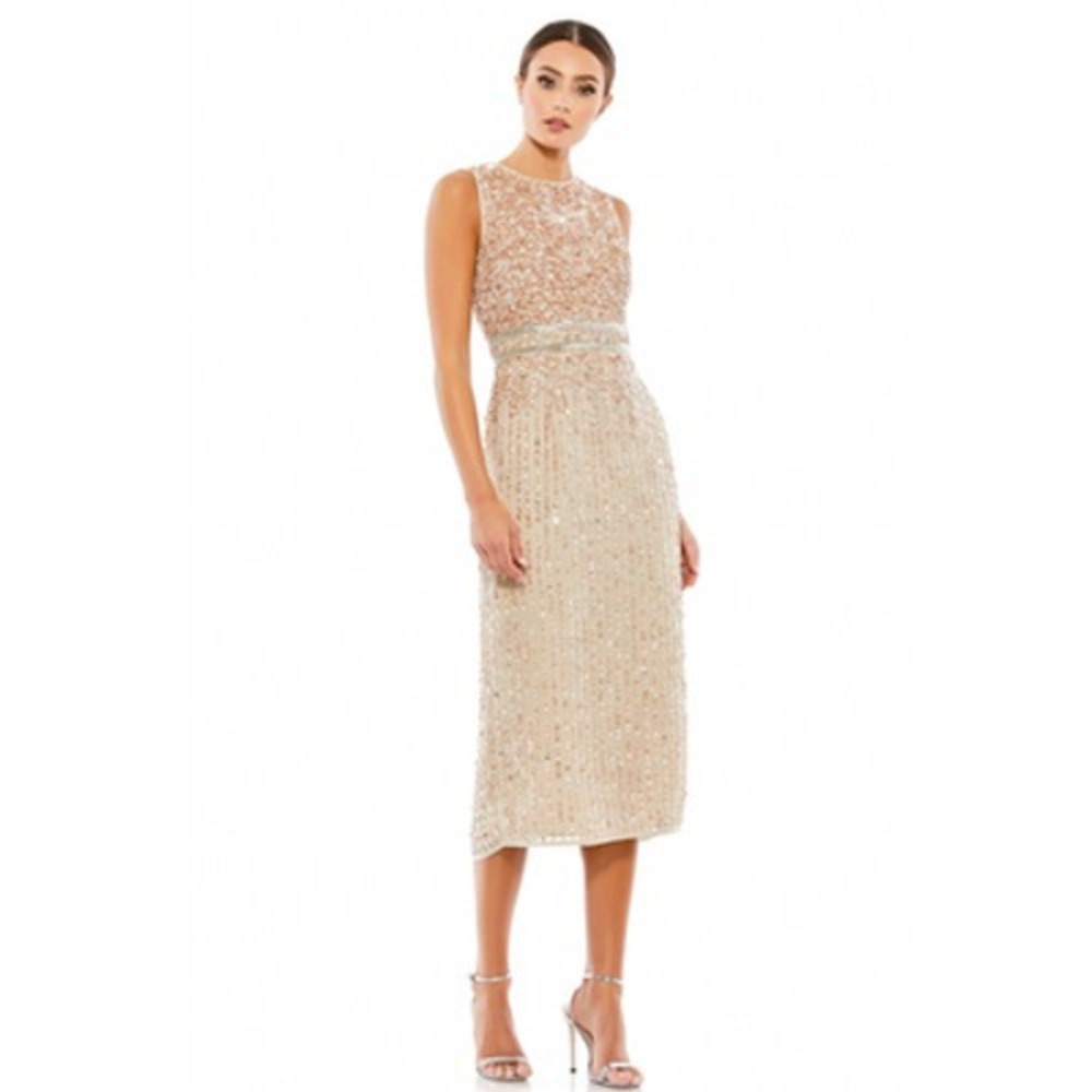 Mac Duggal 10509 Sleeveless‎ High Neck Beaded Nude Dress Size 16